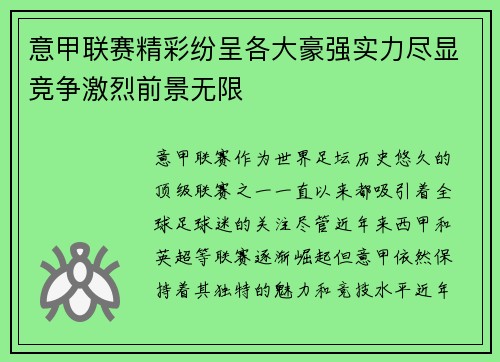 意甲联赛精彩纷呈各大豪强实力尽显竞争激烈前景无限